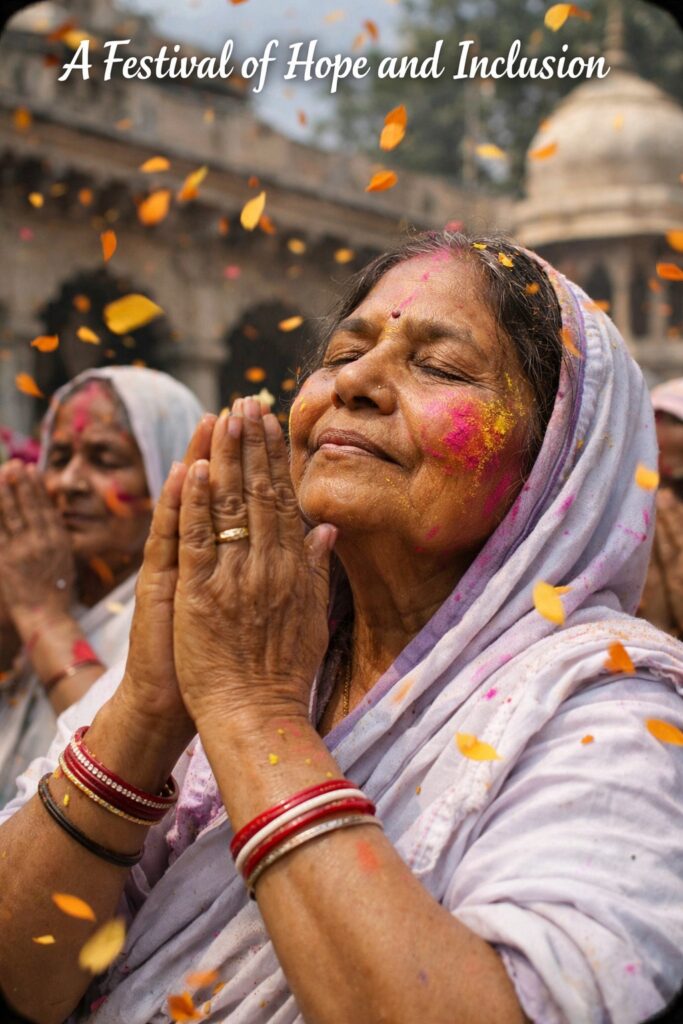 Widow Holi bhajan singing, Vrindavan widow Holi tradition, spiritual Holi celebration India, Holi devotional gathering, widows playing Holi Vrindavan