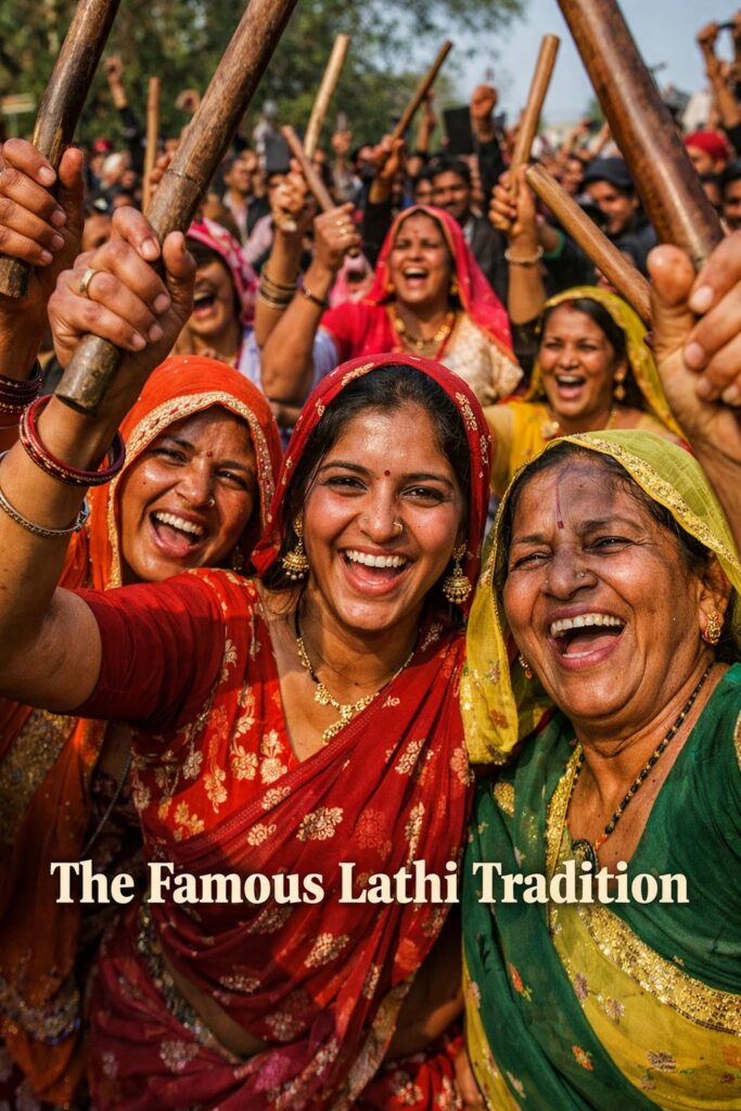 Lathmar Holi lathi ritual, Braj Holi tradition, women playing Holi with sticks, traditional Holi India