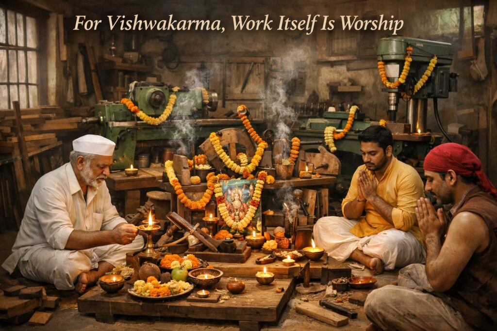 Traditional Vishwakarma Puja worship of tools in Indian workshop