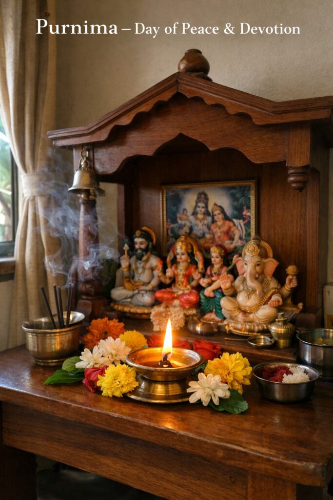 Purnima full moon prayer ritual home temple diya spiritual worship