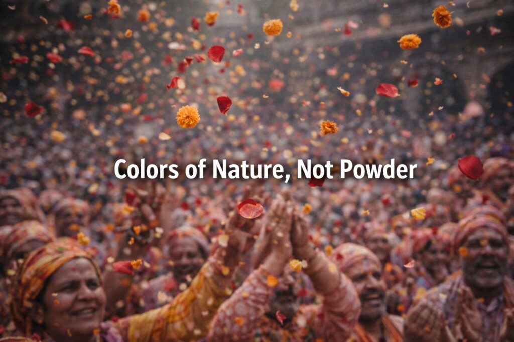 Close-up of rose and marigold petals floating in air during Phoolon Wali Holi celebration, natural light, authentic Indian festival moment.