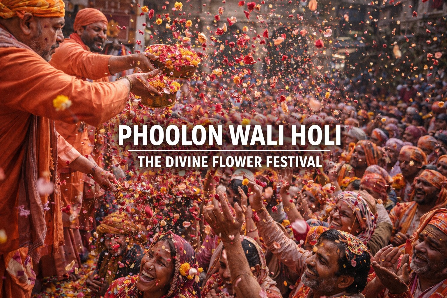 Close-up of priests showering flower petals over devotees during Phoolon Wali Holi at Banke Bihari Temple, natural devotional atmosphere, real temple celebration.