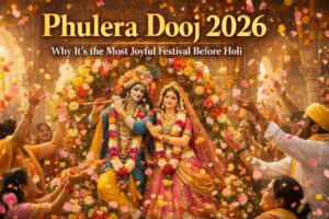 Phulera Dooj 2026 flower celebration in temple with devotees offering petals to Radha Krishna before Holi