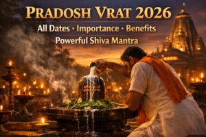 Pradosh Vrat 2026 at a Shiva temple with oil lamps, bel patra