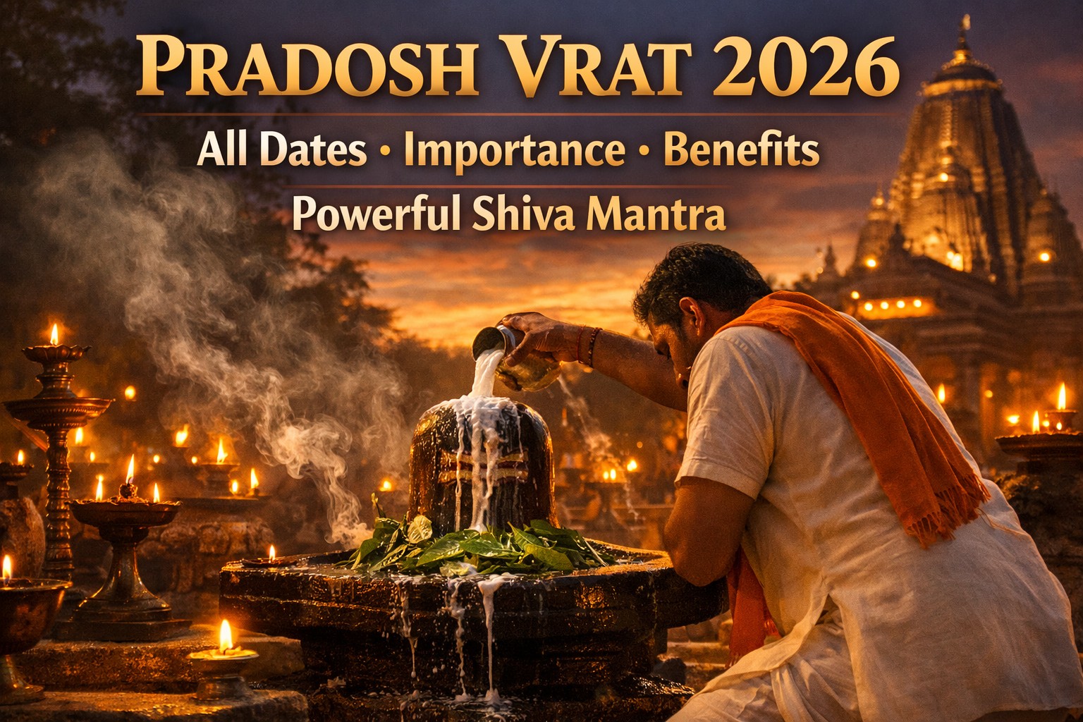 Pradosh Vrat 2026 at a Shiva temple with oil lamps, bel patra
