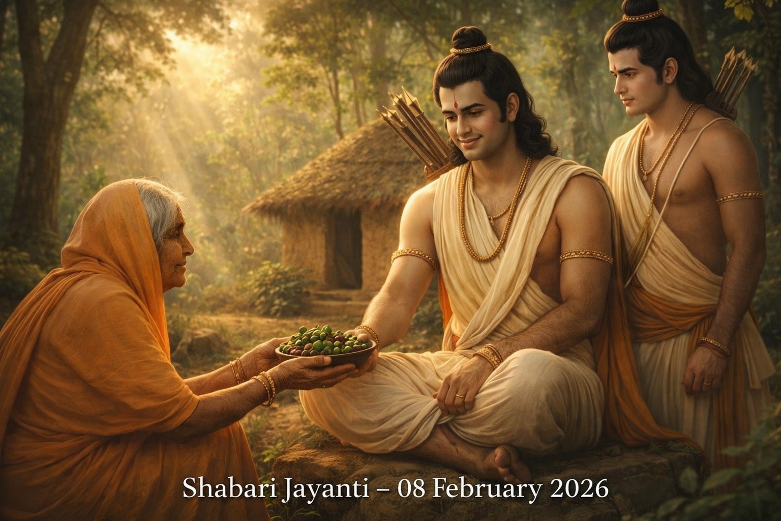 Mata Shabari offering fruits to Lord Ram in forest hermitage on Shabari Jayanti 2026