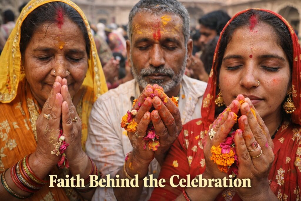 spiritual Holi celebration, devotional Holi Braj, temple Holi festival India, religious Holi tradition