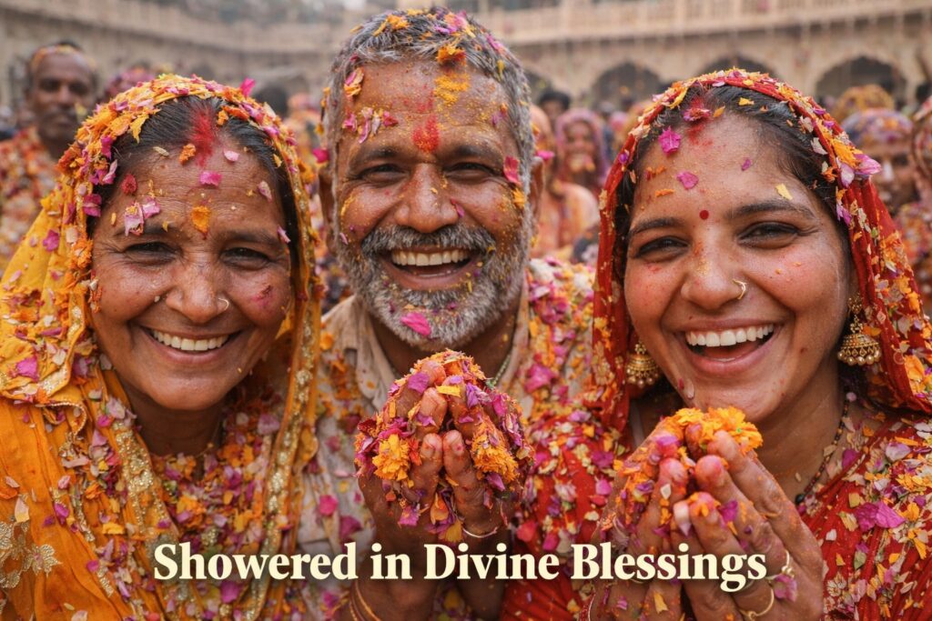 Smiling devotees covered in rose and marigold petals during Phoolon Wali Holi celebration, joyful spiritual expressions, authentic temple festival.