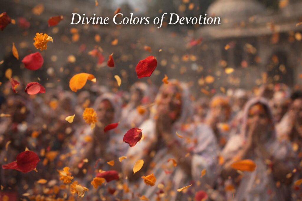 flower Holi petals India, spiritual Holi celebration, Widow Holi flower ritual, Holi festival devotional atmosphere, natural Holi celebration India