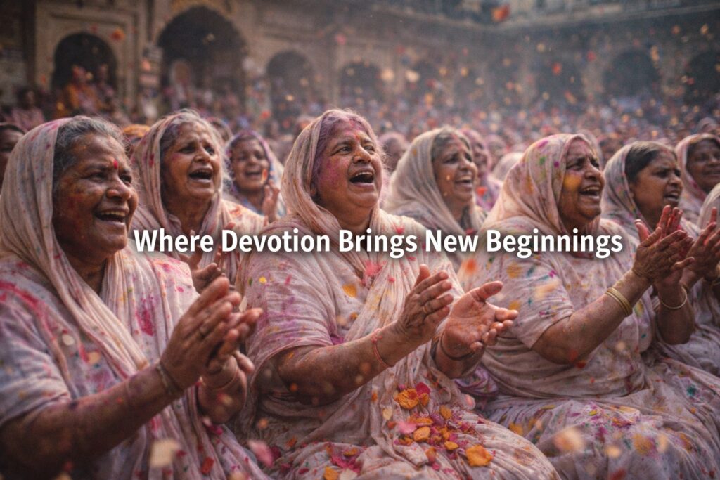 Widow Holi prayer ritual, Vrindavan spiritual Holi, devotional Holi celebration India, flower petal Holi temple, widows Holi Vrindavan