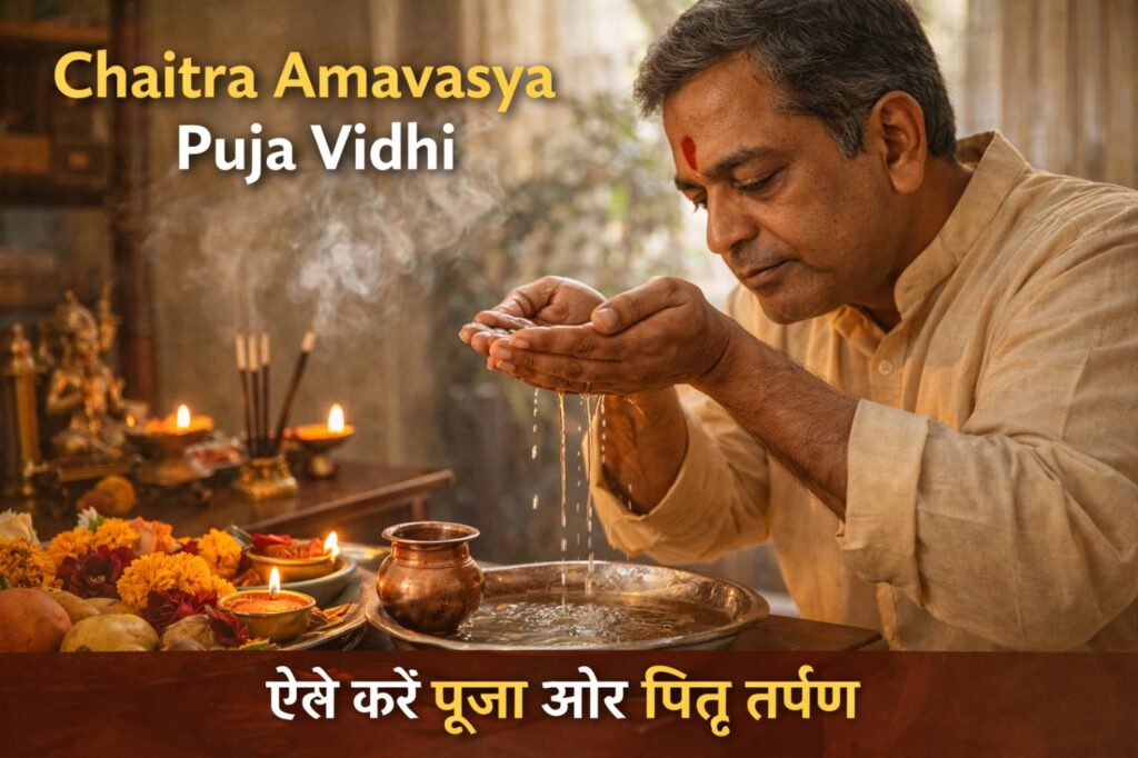 चैत्र अमावस्या पूजा विधि पितृ तर्पण करते हुए भक्त दिया और पूजा सामग्री के साथ