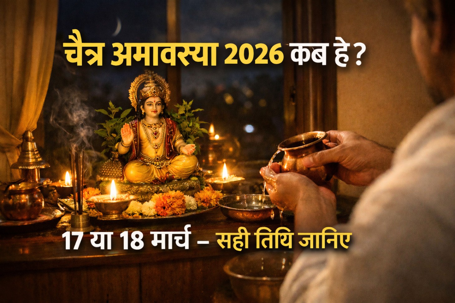 चैत्र अमावस्या 2026 कब है 17 या 18 मार्च सही तिथि और पूजा करते हुए भगवान विष्णु मंदिर दृश्य