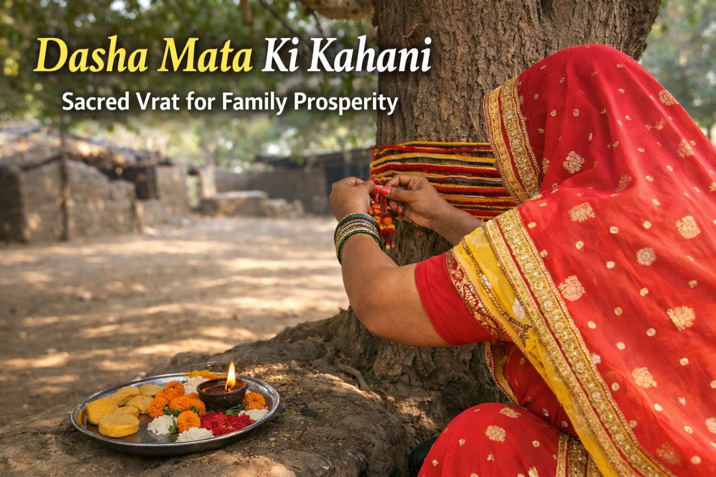 Dasha Mata Vrat puja by a Rajasthani woman tying sacred Dasha Mata dora on tree for family prosperity