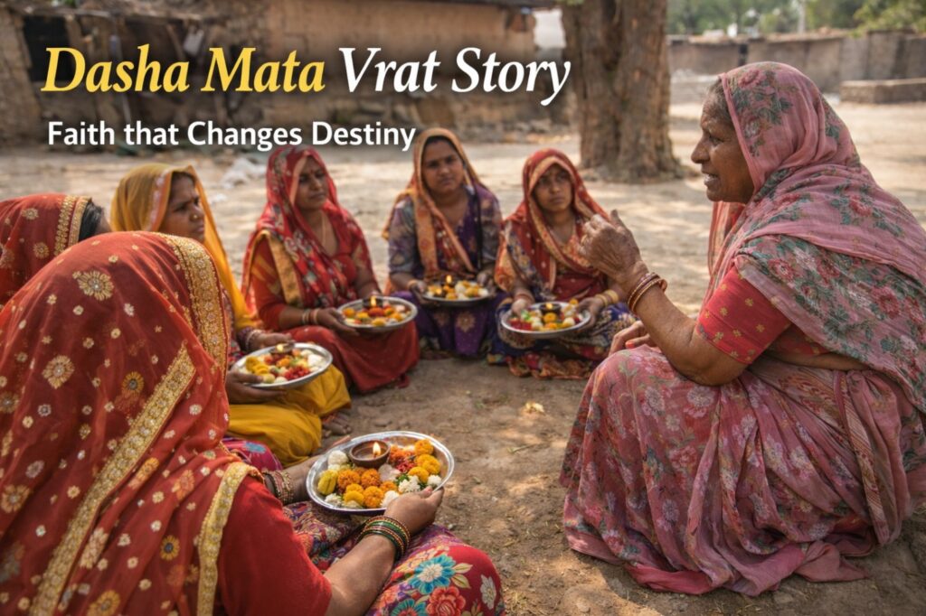 Elderly woman narrating Dasha Mata Vrat story to devotees during puja gathering