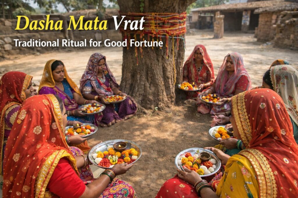 Women devotees performing Dasha Mata Vrat puja with diya and flowers in Rajasthan