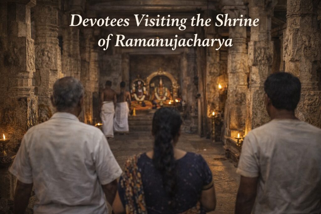 devotees walking inside Srirangam temple corridor toward Ramanujacharya shrine