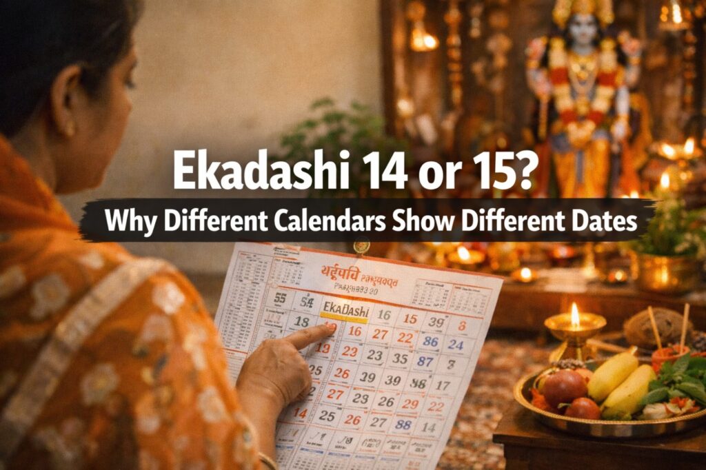 Hindu devotee checking Panchang calendar for Ekadashi date – why some calendars show Ekadashi on 14 and 15