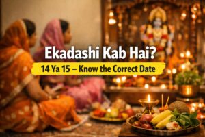 Hindu devotees performing Ekadashi vrat puja at home with Lord Vishnu idol – Ekadashi kab hai 14 ya 15 correct date