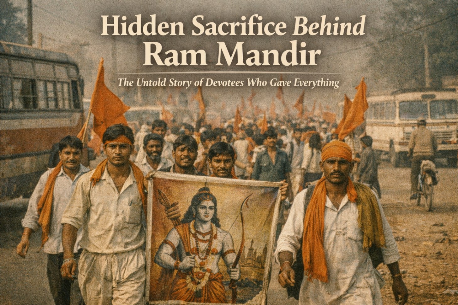 Ram Mandir struggle history showing kar sevaks traveling to Ayodhya during the Ram Janmabhoomi movement
