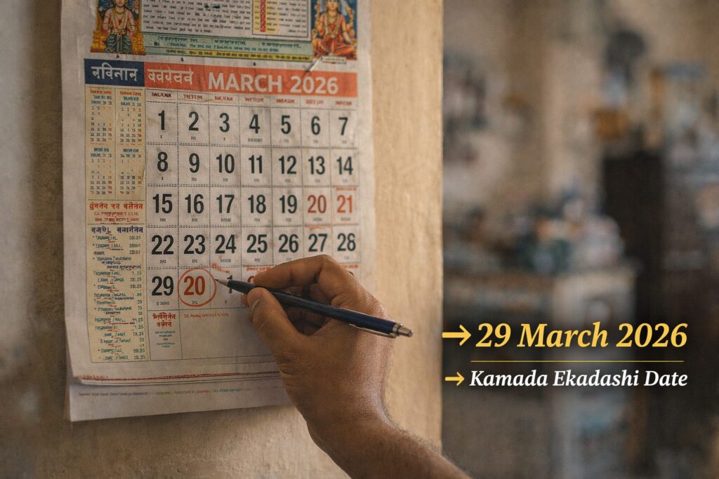 Kamada Ekadashi 2026 date marked on calendar in Indian home natural lighting