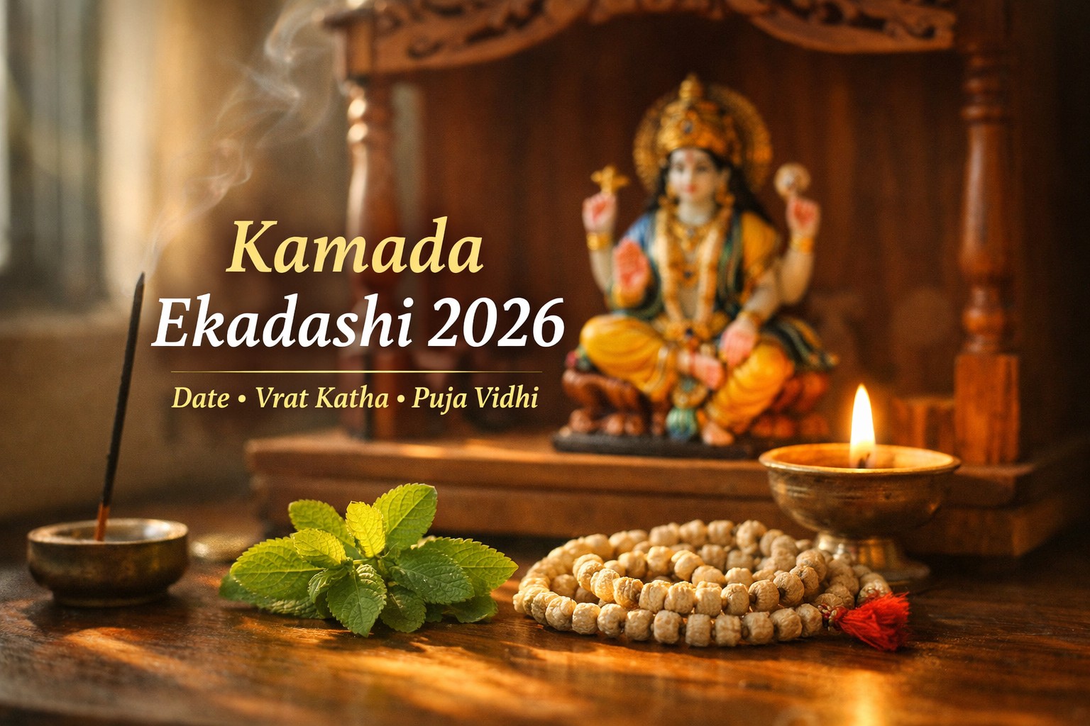 Kamada Ekadashi 2026 puja setup with Vishnu idol tulsi mala diya natural home temple