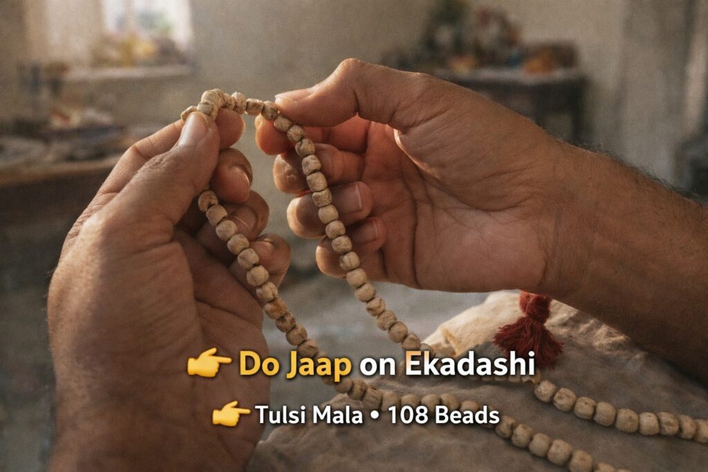 hands chanting mantra with tulsi jaap mala on ekadashi natural sunlight close up