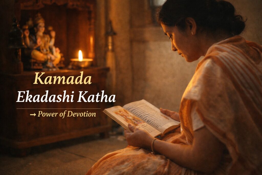 woman reading Kamada Ekadashi katha at home temple devotional atmosphere diya lighting