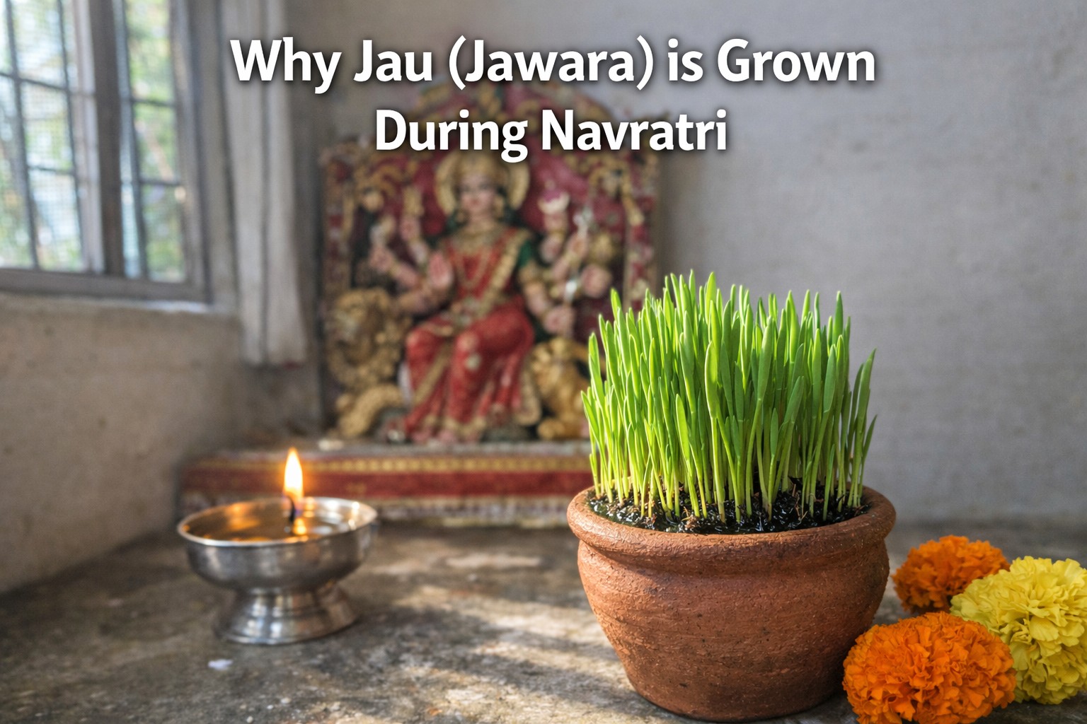 Navratri Jawara barley sprouts growing in clay pot near home temple