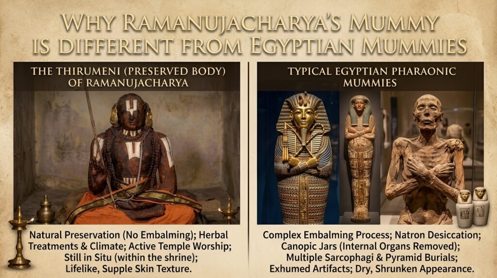Comparison of the naturally preserved Thirumeni (sacred body) of Ramanujacharya from Srirangam Temple with typical Egyptian mummies, detailing differences in preservation methods, cultural context, and skin texture.