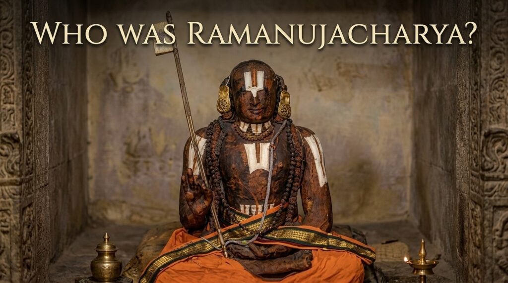 seated statue of Ramanujacharya decorated with flowers inside Srirangam temple