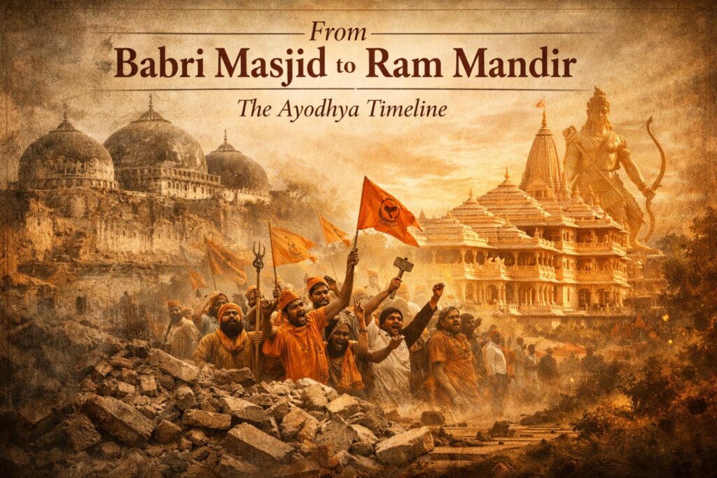 Historical timeline showing transformation from Babri Masjid to Ram Mandir in Ayodhya