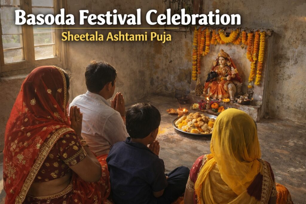 Family performing Sheetala Mata puja during Basoda festival in Rajasthan