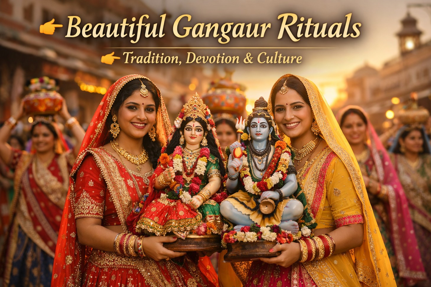 Gangaur festival celebration with women carrying Gauri and Shiva idols in traditional Rajasthani attire