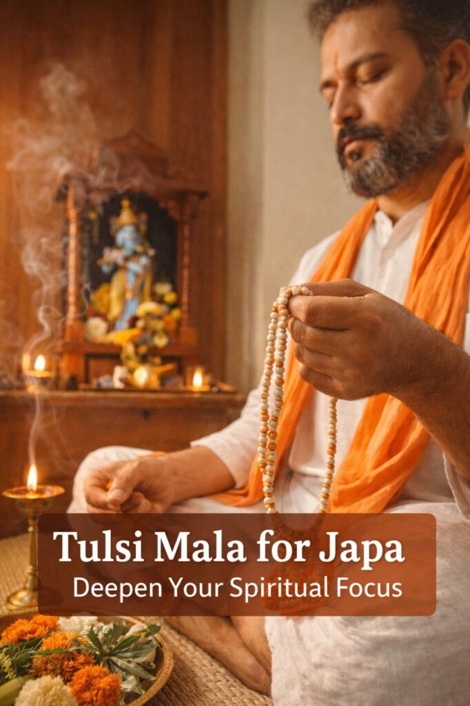 Devotee chanting mantra using Tulsi mala during prayer at home temple