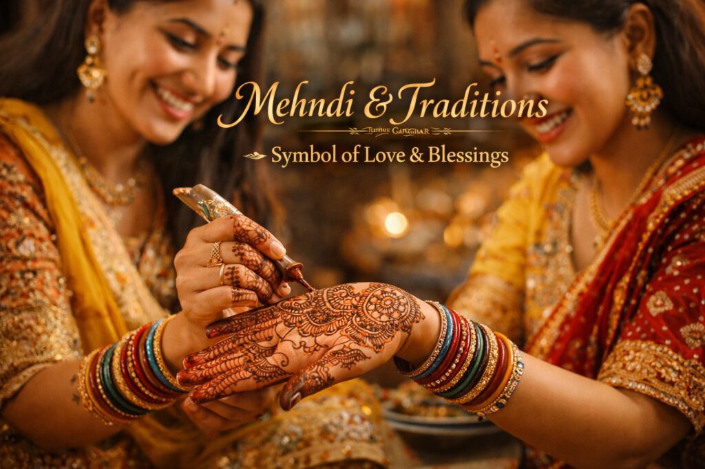 Indian women applying mehndi during Gangaur festival symbolizing love and tradition