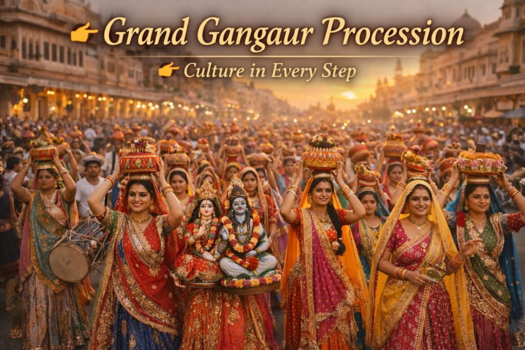 Gangaur festival procession in Jaipur with women carrying decorated idols and pots