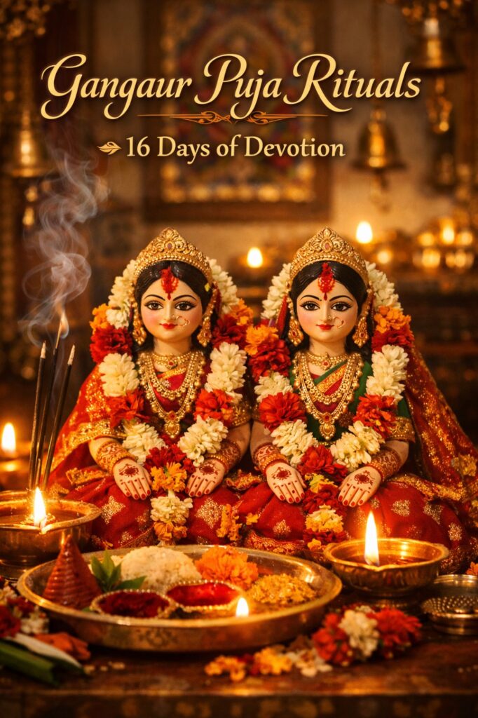 Close-up of Gangaur puja ritual with decorated Gauri idol, diya and flowers at home temple