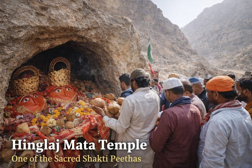 Devotees offering coconut, flowers and diya during Hinglaj Puja ritual dedicated to Hinglaj Mata