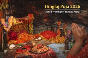 Devotees performing puja inside the sacred cave shrine of Hinglaj Mata Temple during Hinglaj Puja 2026 with flowers, diya, coconut and sindoor offerings.