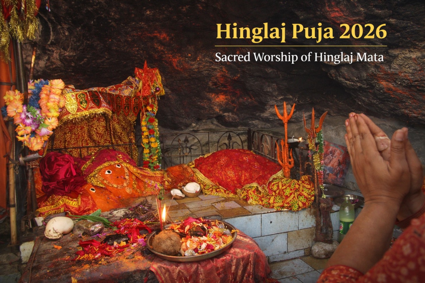 Devotees performing puja inside the sacred cave shrine of Hinglaj Mata Temple during Hinglaj Puja 2026 with flowers, diya, coconut and sindoor offerings.