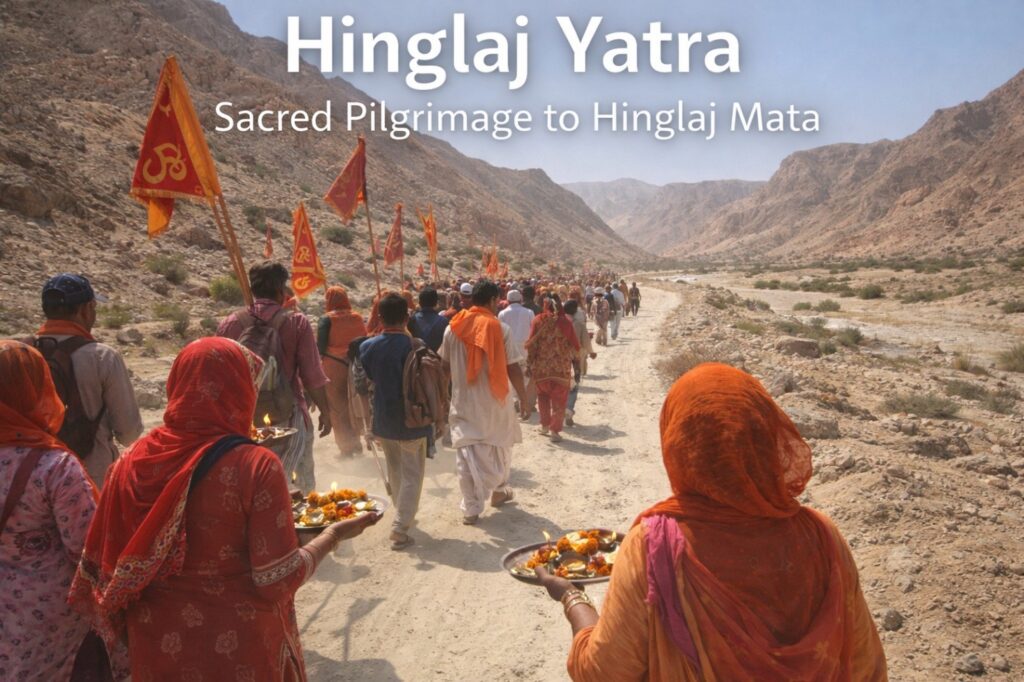 Devotees offering coconut, flowers and diya during Hinglaj Puja ritual dedicated to Hinglaj Mata