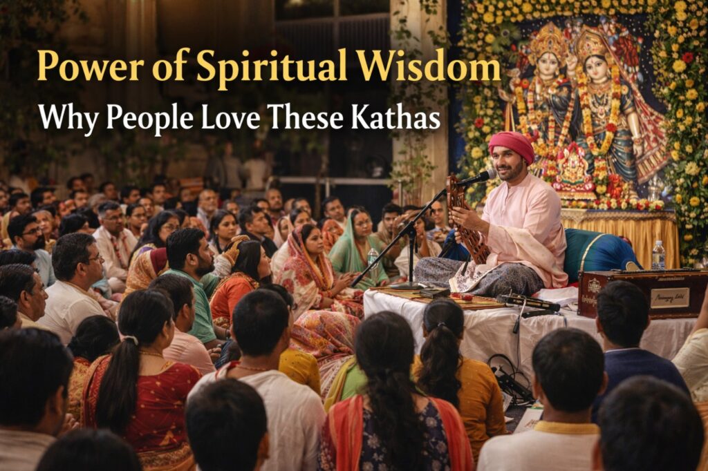 Devotees listening to a spiritual katha in Vrindavan, gathering focused on devotional teachings inspired by Hita Ambrish Ji.