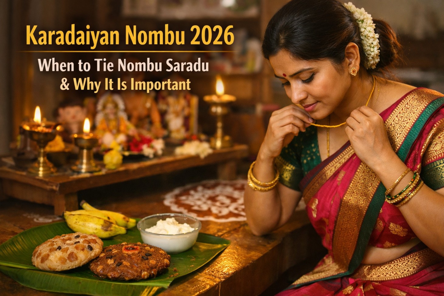 Karadaiyan Nombu 2026 puja with woman tying Nombu Saradu during the Tamil festival