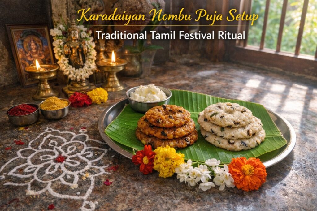 Karadaiyan Nombu puja setup with karadai offering and traditional decorations
