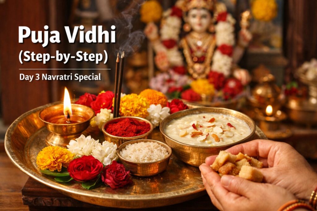 Maa Chandraghanta puja thali with diya flowers and prasad