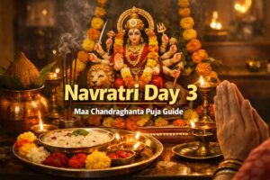Navratri Day 3 Maa Chandraghanta puja at home with diya and flowers