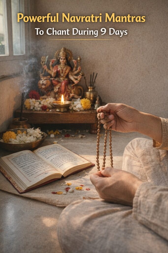devotee chanting navratri mantra with tulsi mala during chaitra navratri