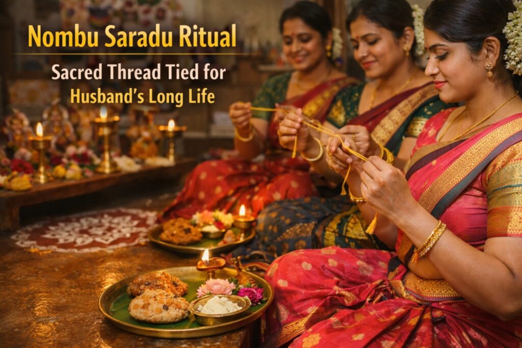 Tamil women performing Karadaiyan Nombu ritual with Nombu Saradu thread