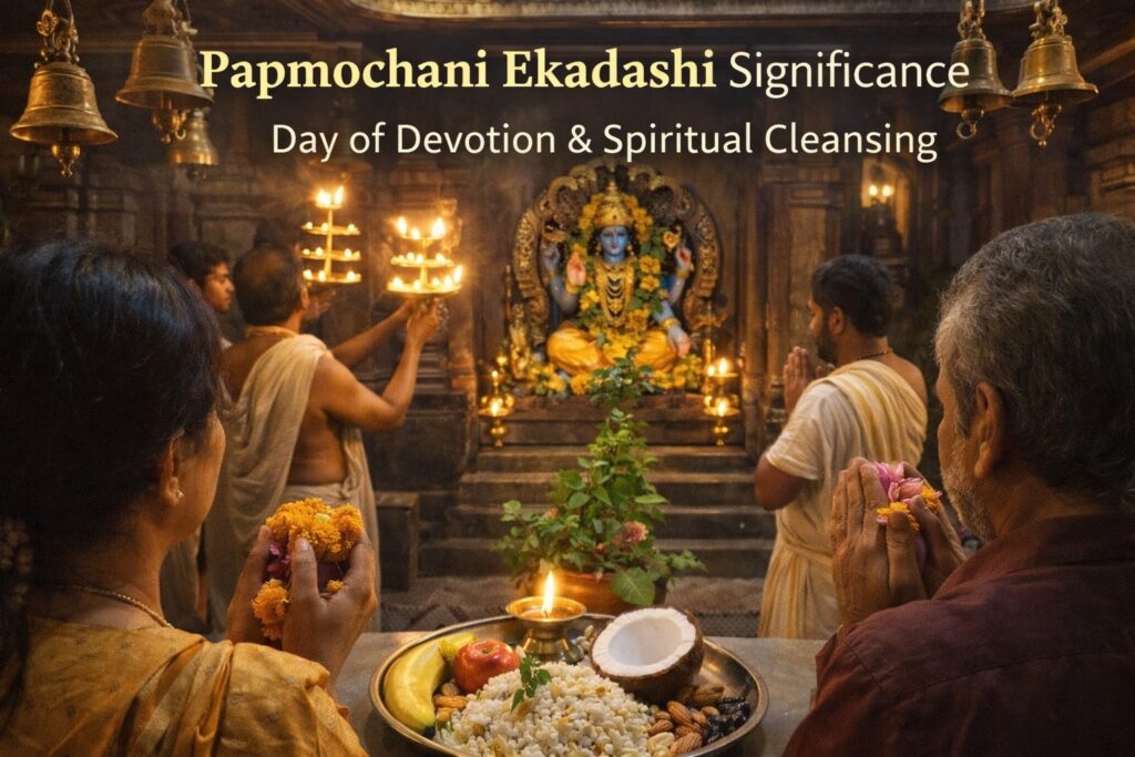 devotees praying in Vishnu temple on Papmochani Ekadashi