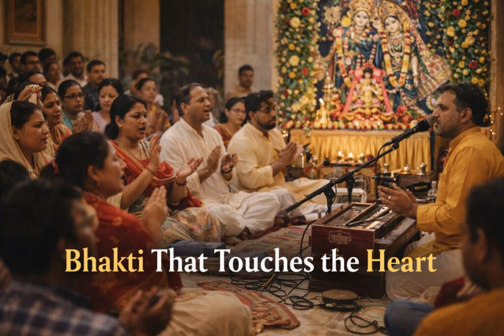 Hindu devotees singing bhajans during satsang with Radha and Krishna altar, devotional atmosphere inspired by teachings of Hita Ambrish Ji.